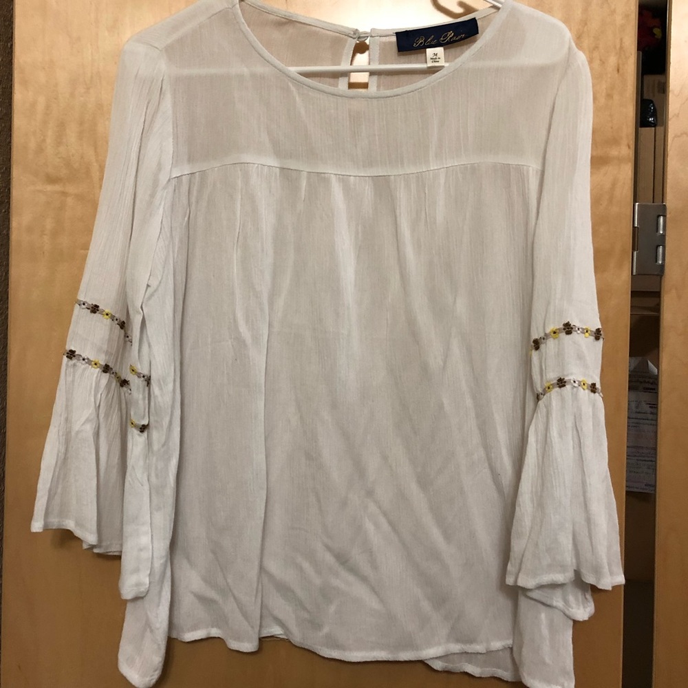 White flowy long sleeve with embroidered flowers